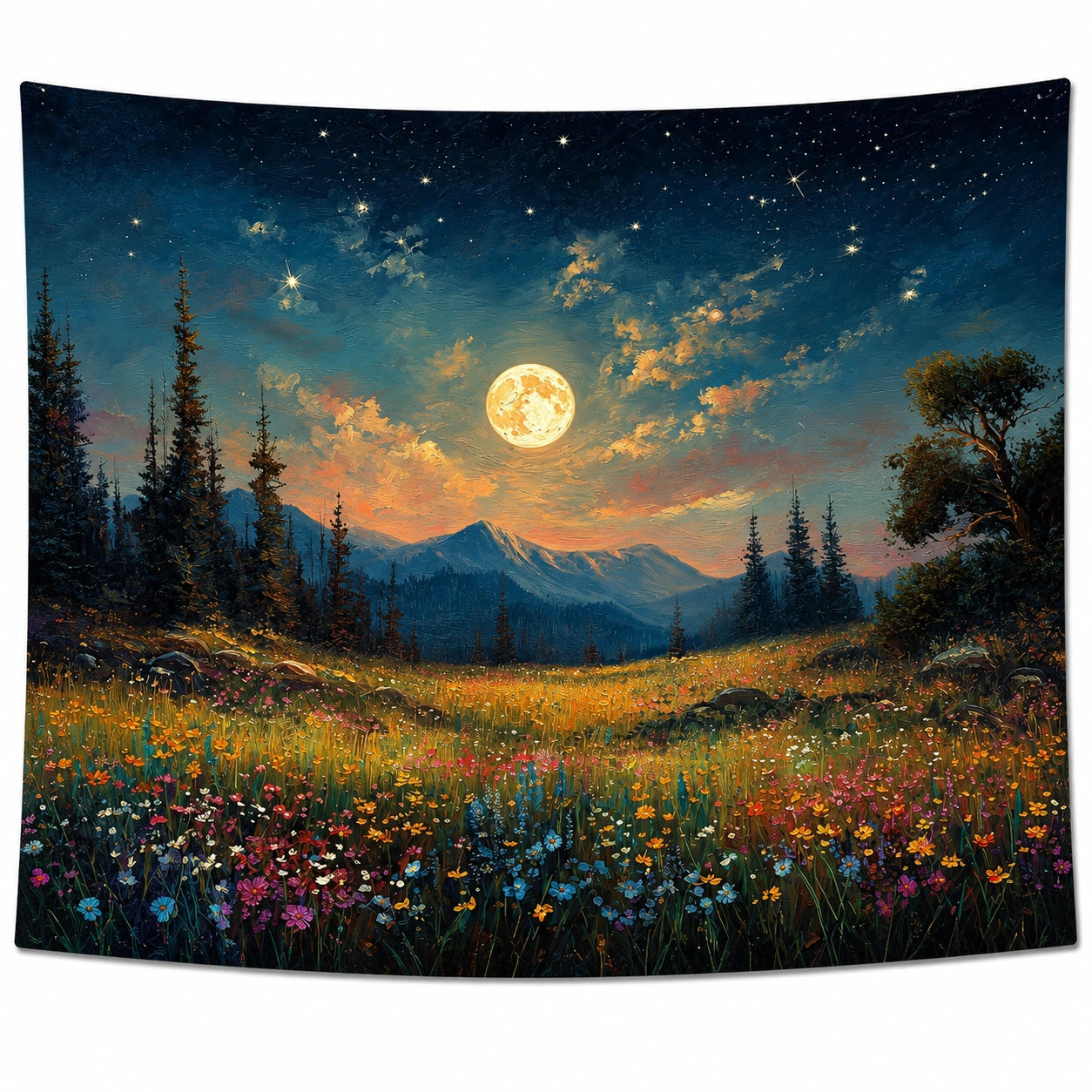 Tenture Murale Paysage Nocturne avec Pleine Lune et Champ de Fleurs