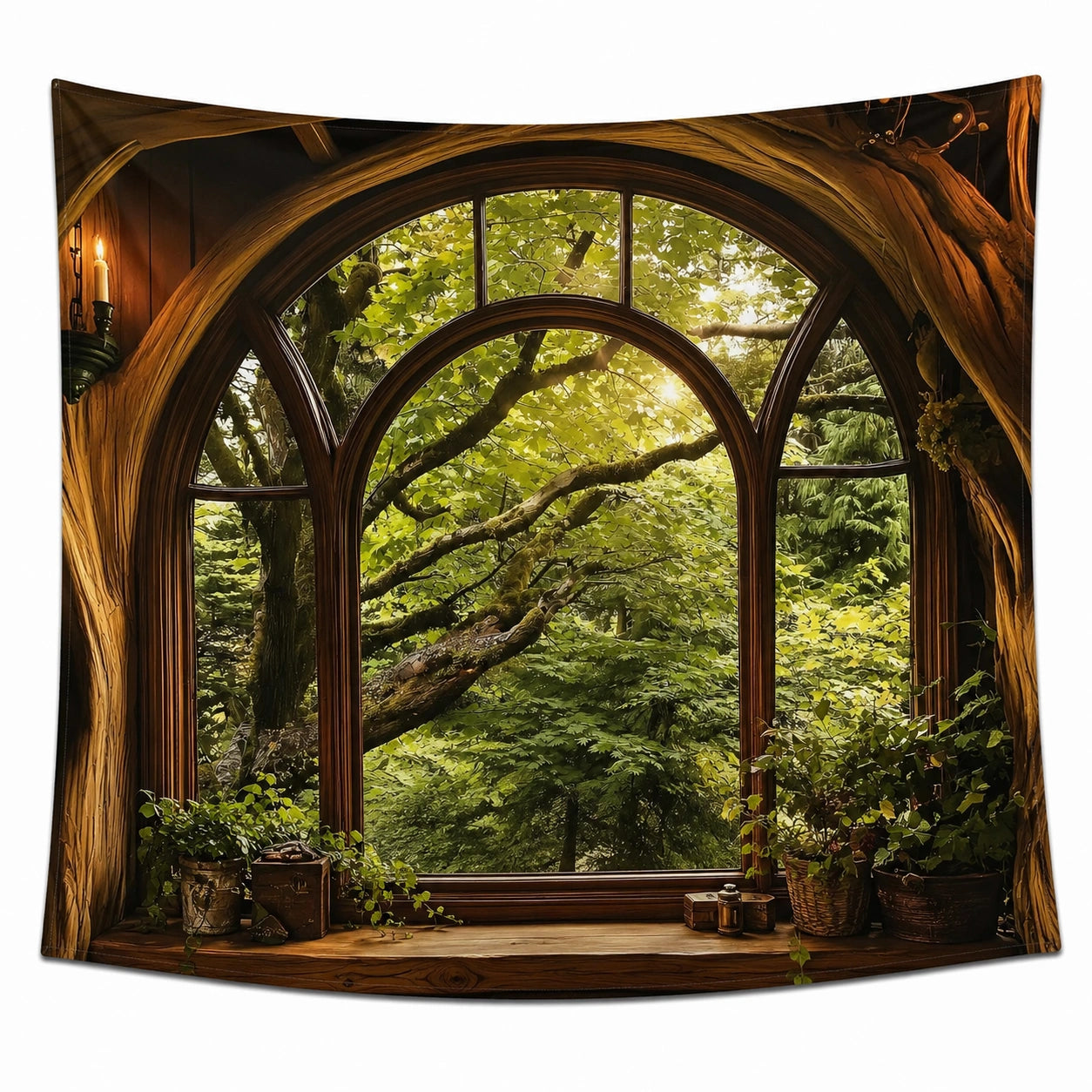 Tenture murale forêt avec vue fenêtre arrondie