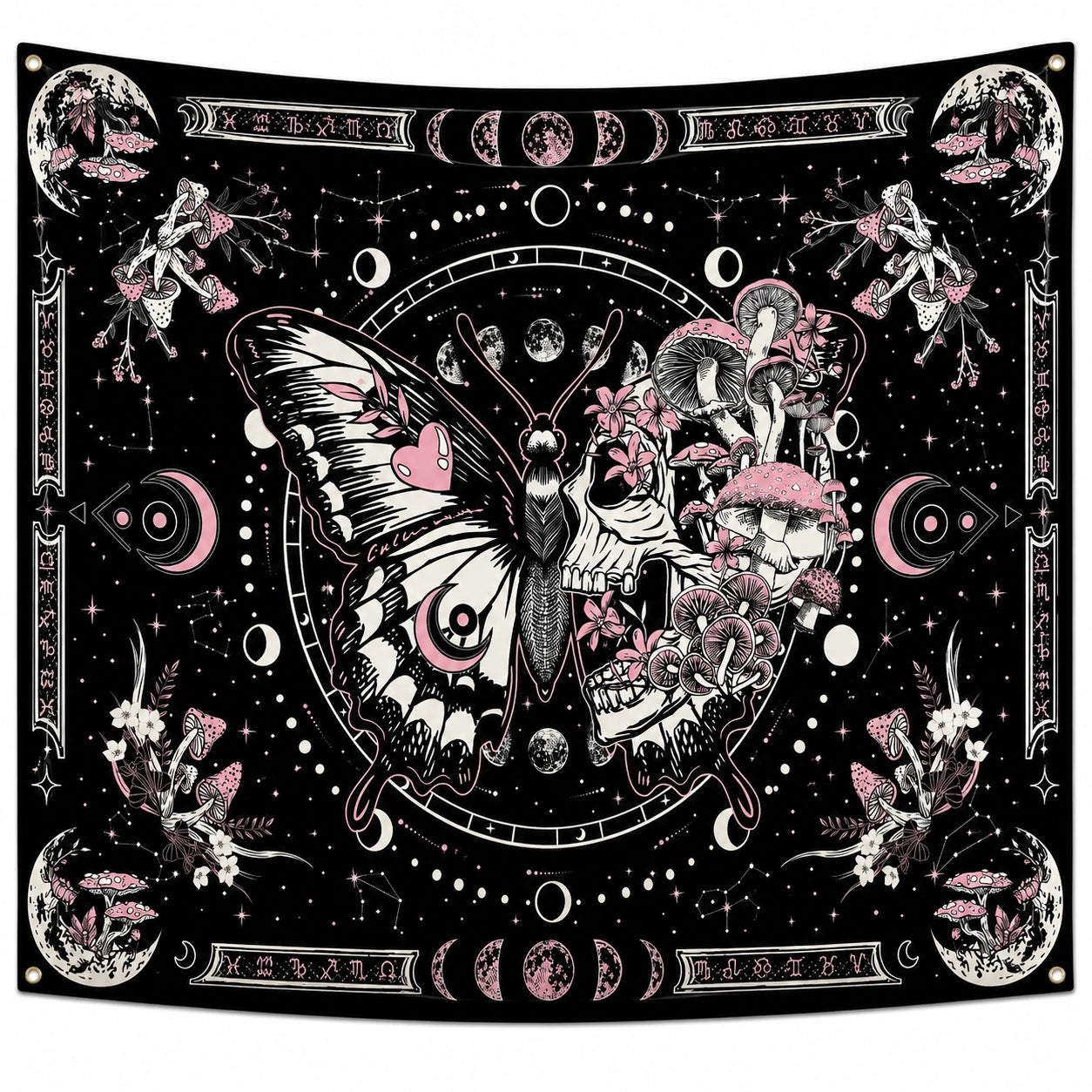 Tenture Murale Papillon Crâne Champignons Noir et Rose 150x130cm