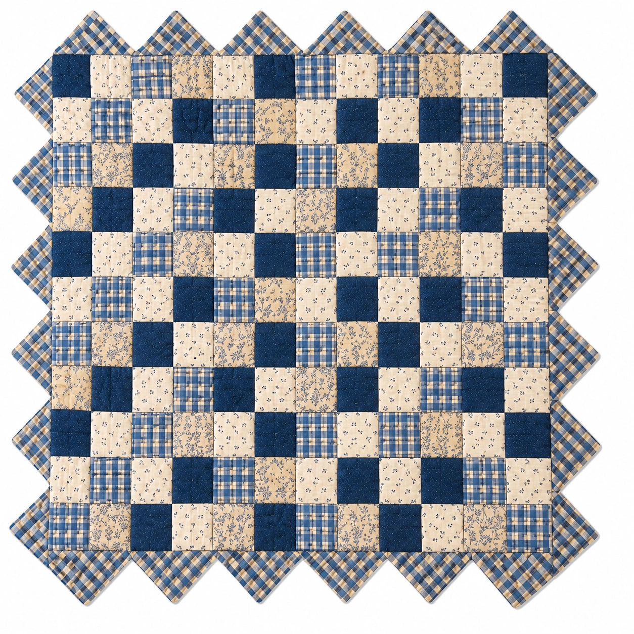 Couvre-Lit Patchwork à Carreaux Bleu et Beige