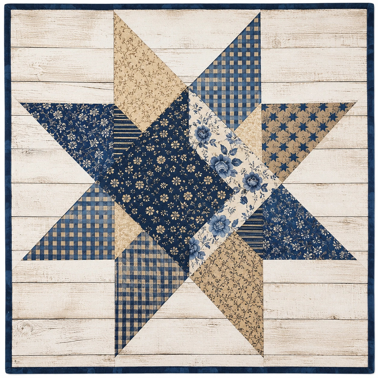 Tenture Murale en Patchwork Étoile Bleu et Beige