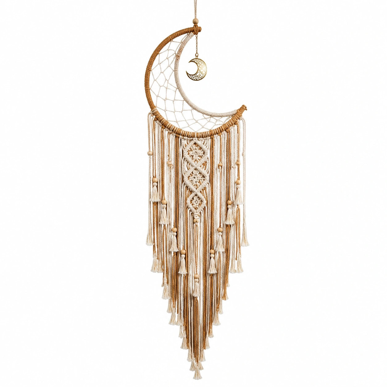 Attrape-rêves macramé crochet lune beige avec pendentif