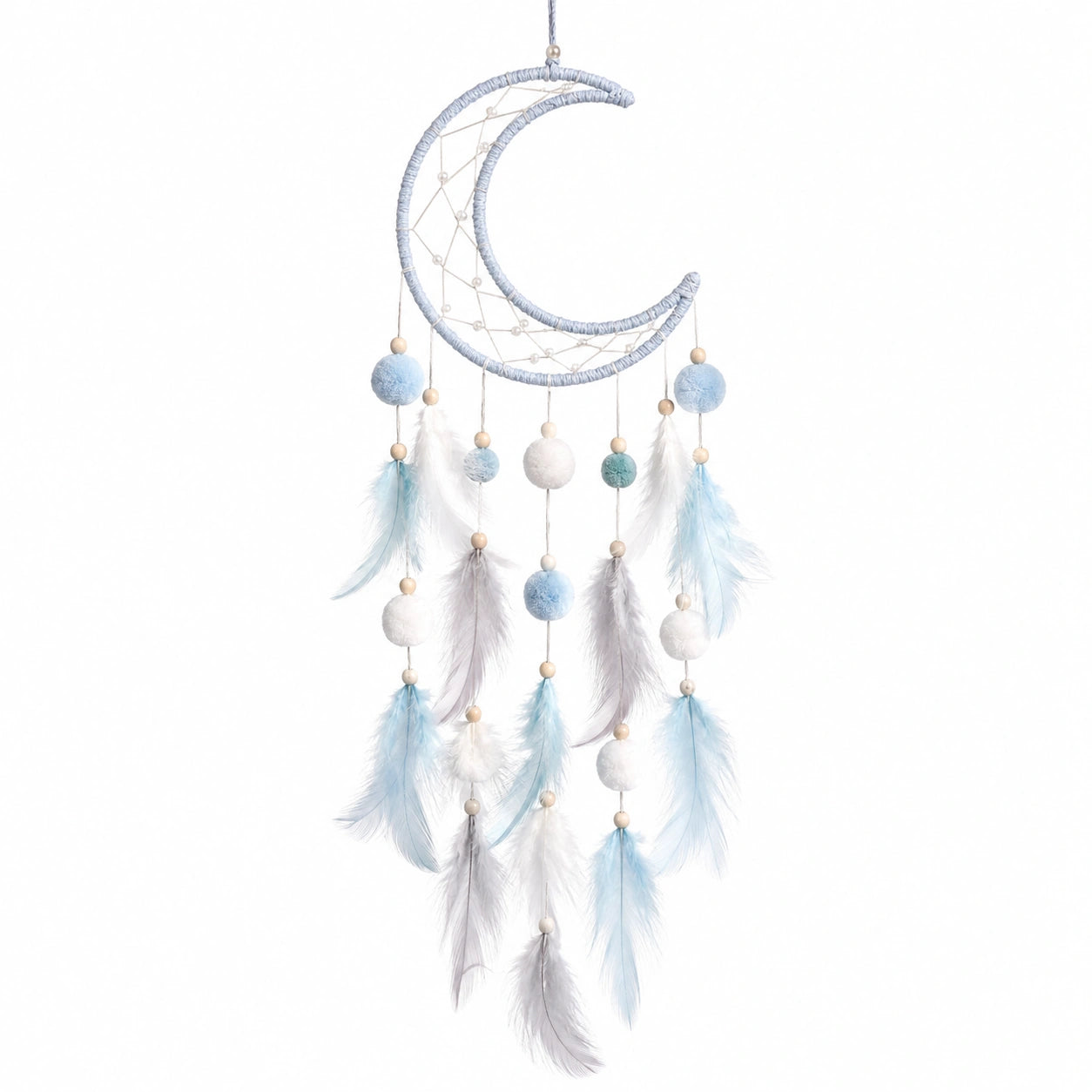Attrape-rêves mural en forme de lune avec plumes décoratives bleu et blanc