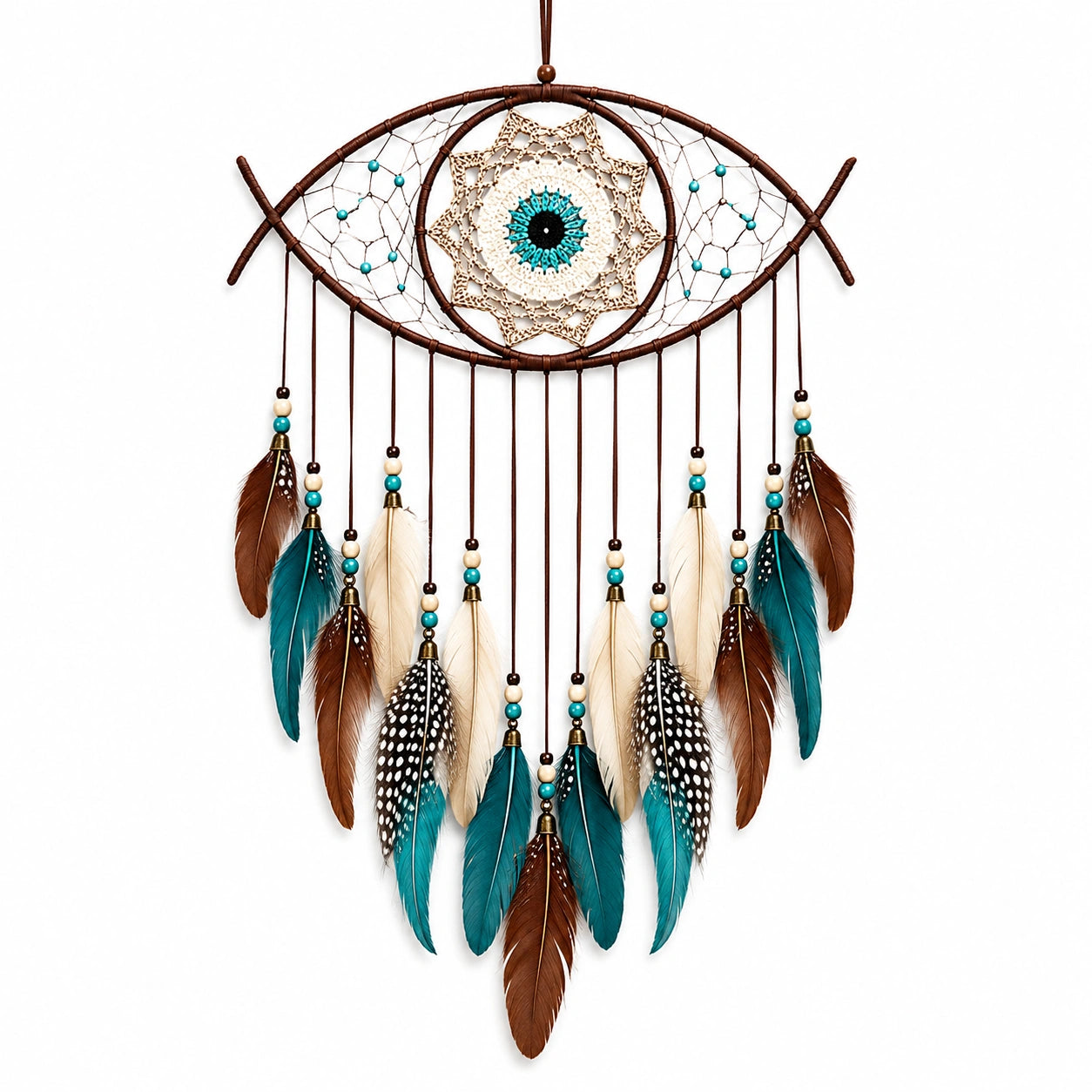 Attrape-rêves mural en forme d'œil avec plumes marron, beige et bleu