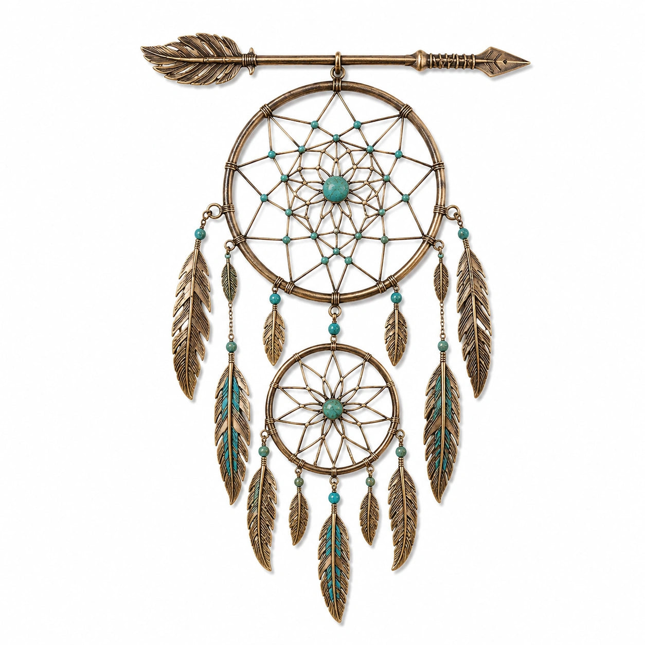 Attrape-rêves mural bronze et turquoise plumes