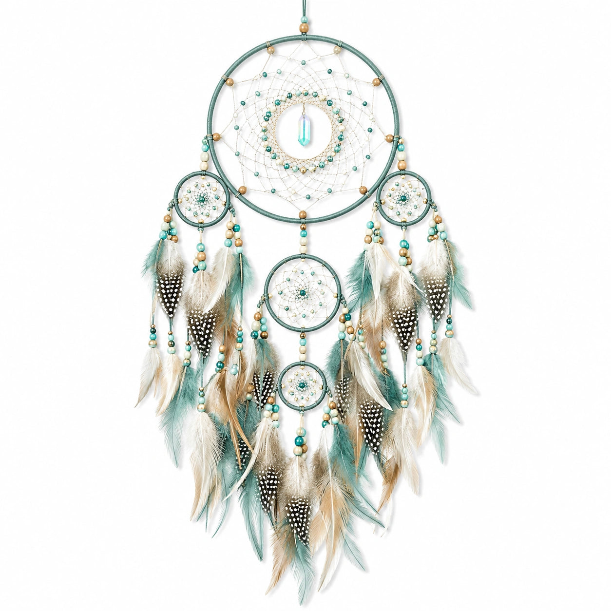 Attrape-rêves bohème avec plumes turquoise et beige 20x65cm
