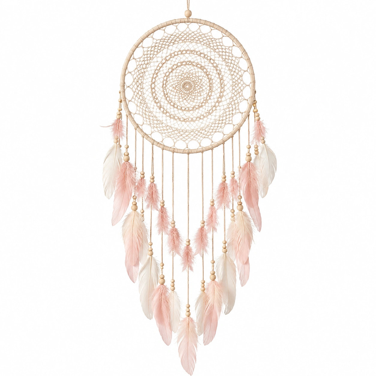 Attrape-rêves bohème avec plumes roses et blanches, 40cm