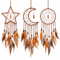 Attrape-Rêves Bohème Étoile, Lune et Cercle avec Plumes Marron, Orange et Blanc