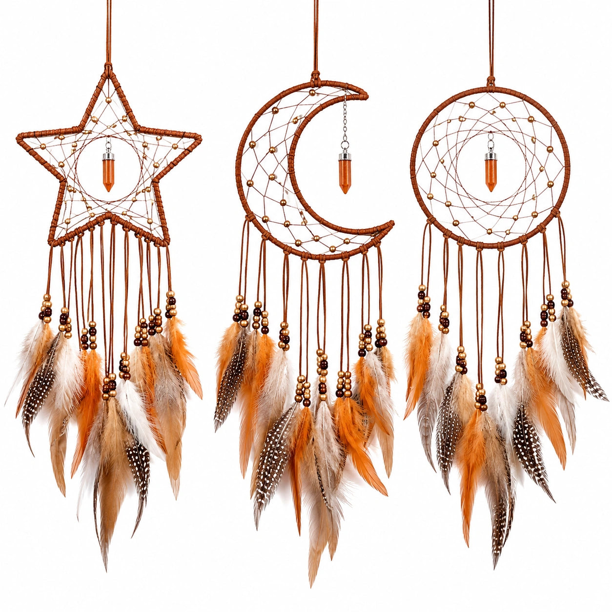 Attrape-Rêves Bohème Étoile, Lune et Cercle avec Plumes Marron, Orange et Blanc