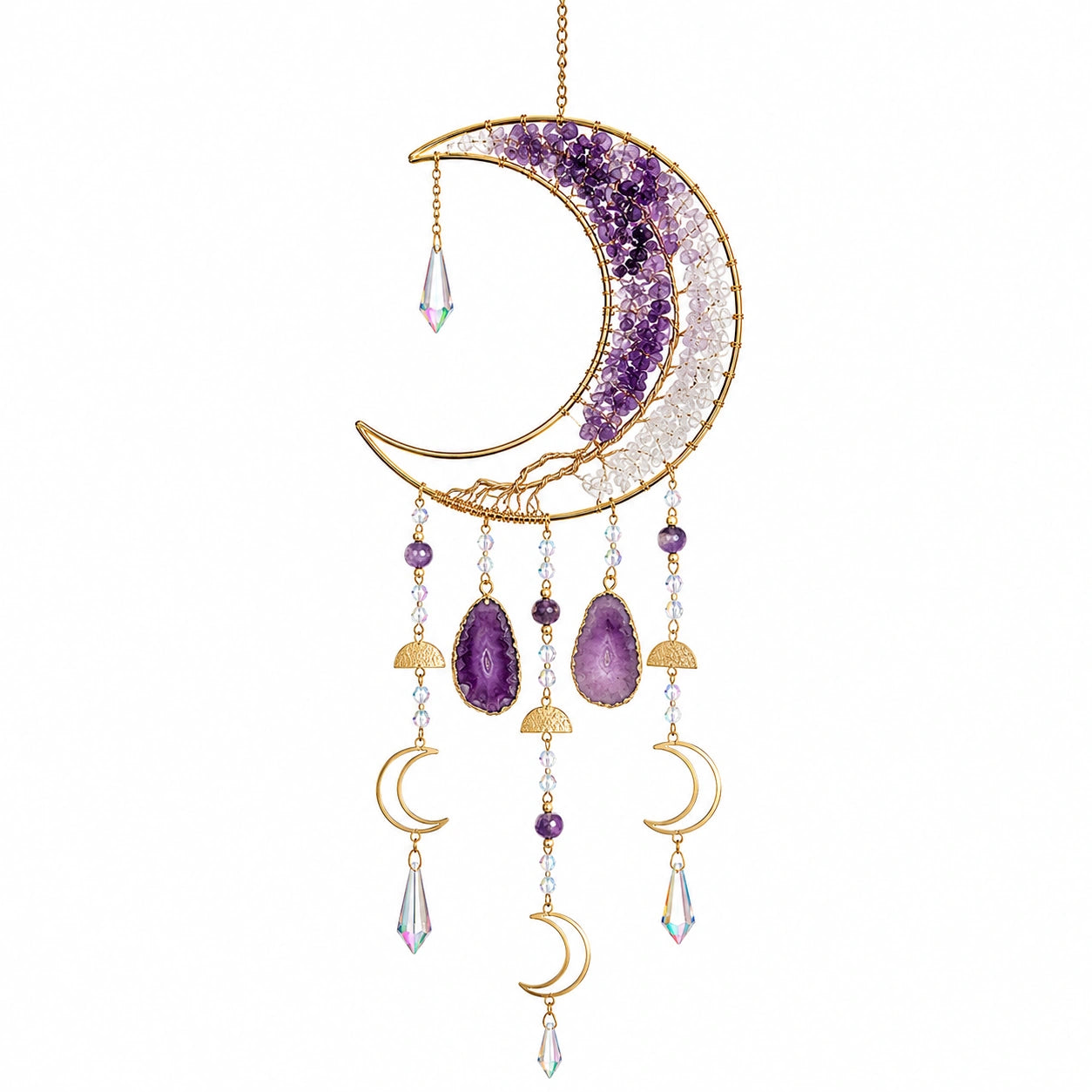 Suspension Murale Lune Croissante en Cristaux Violet et Blanc