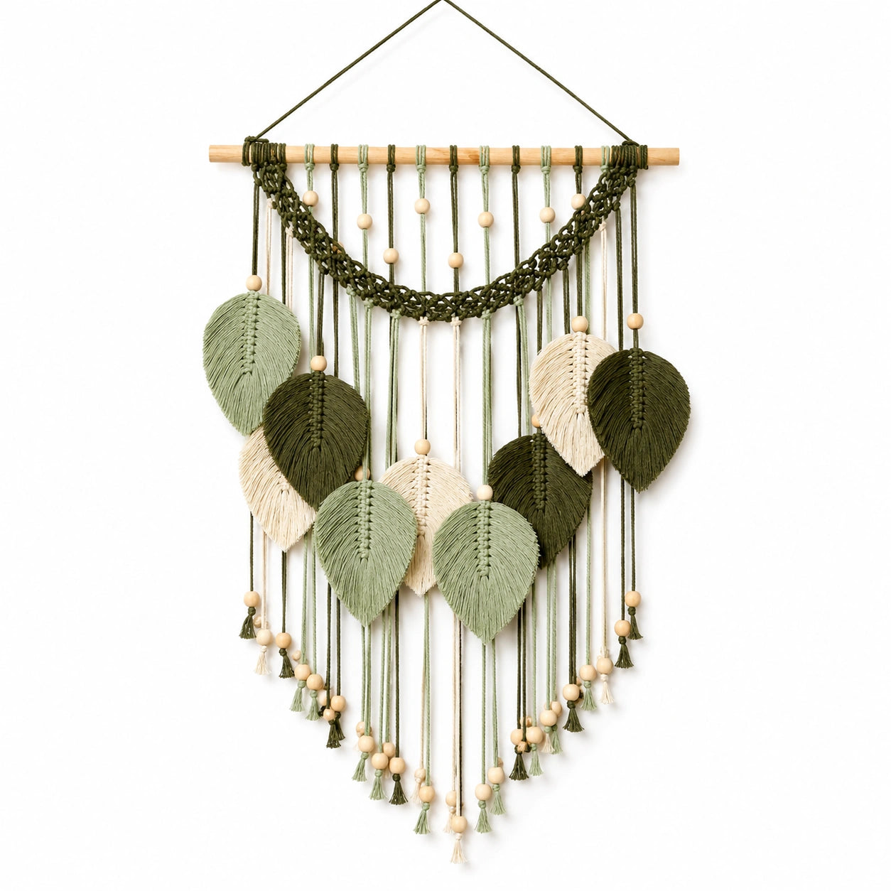 Décoration Murale Bohème en Macramé Feuilles Vert Kaki et Beige