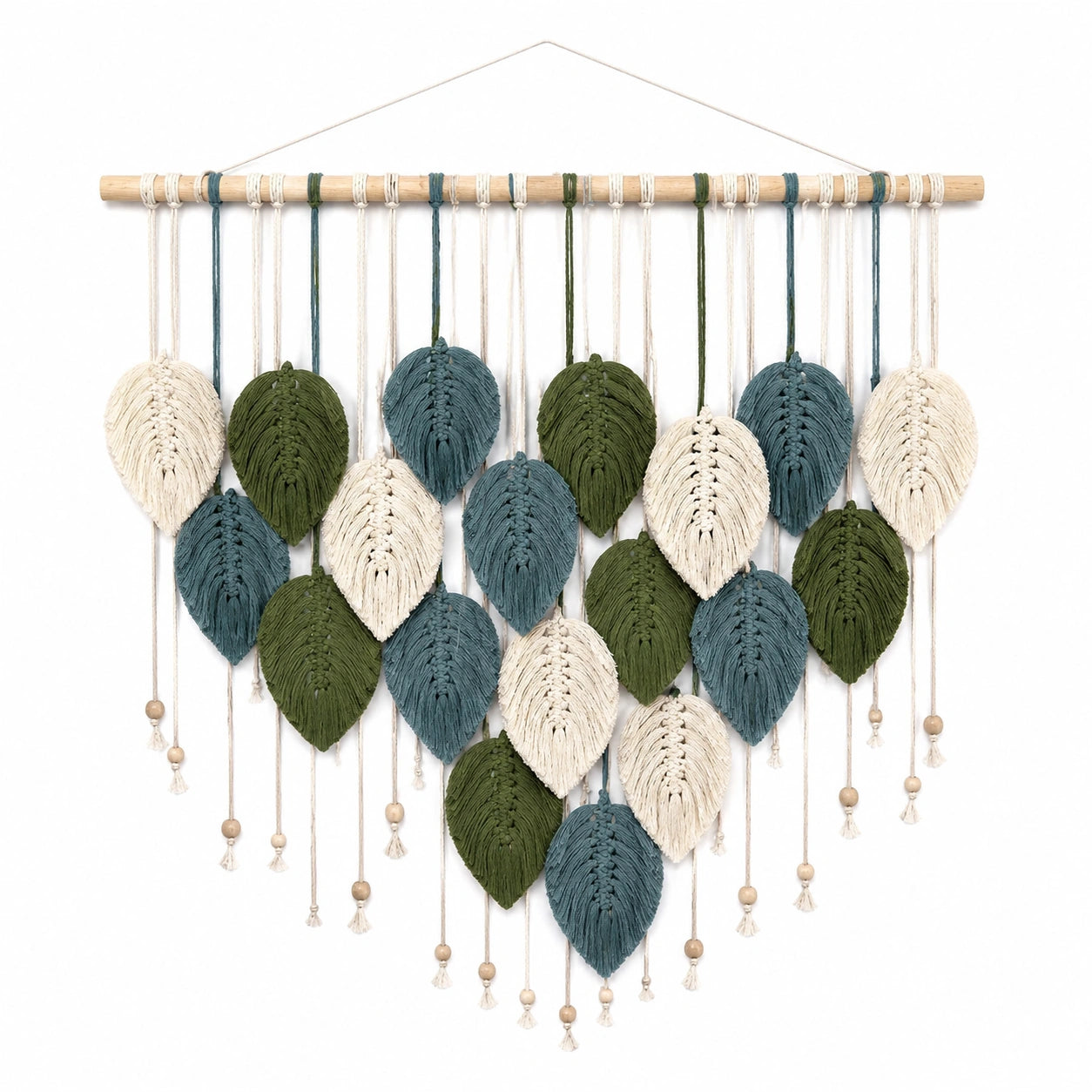 Tenture Murale Macramé Feuilles Bohème Beige, Vert et Bleu 60x45 cm