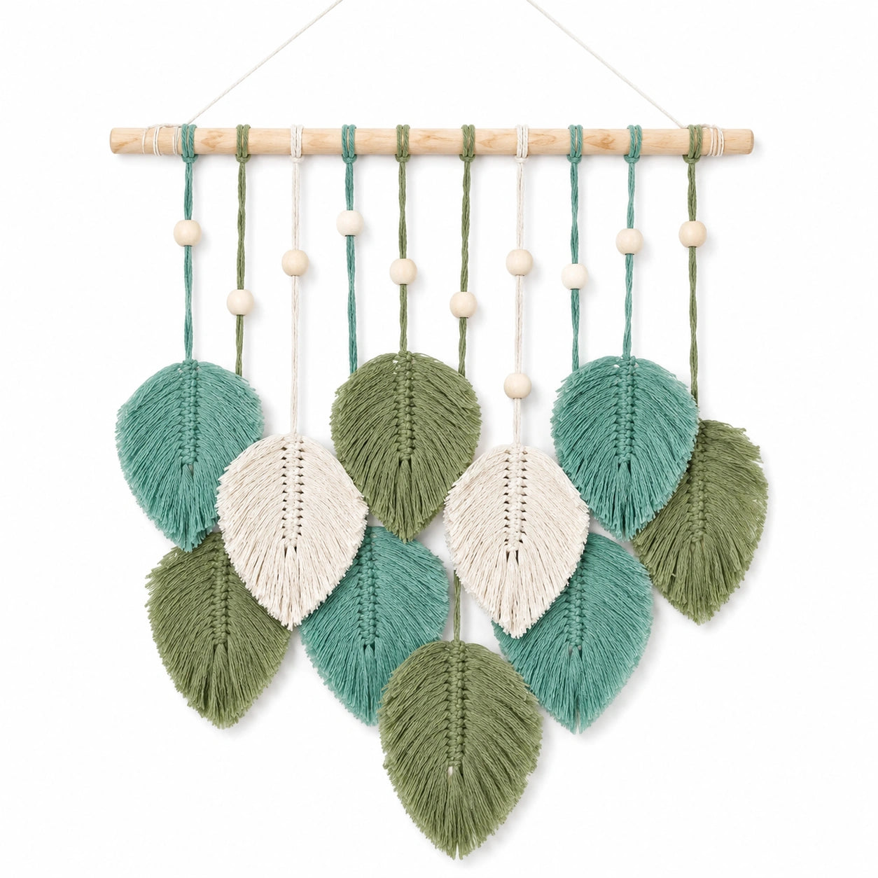 Décoration Murale en Macramé Feuilles Bleu Vert et Crème