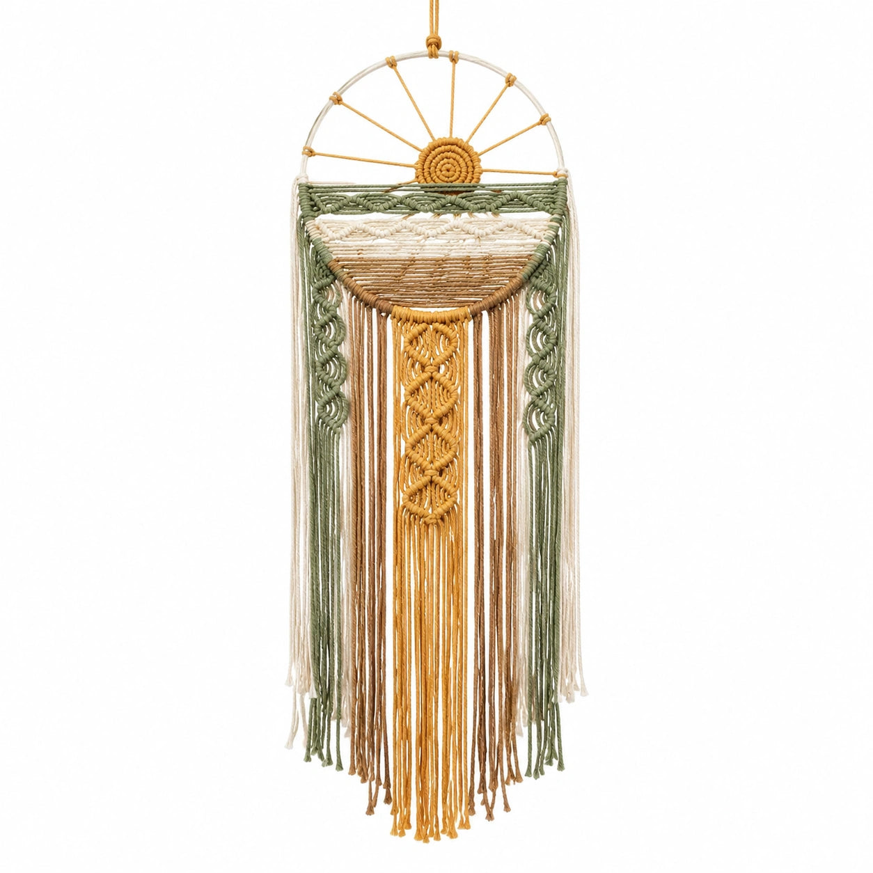 Décoration murale macramé bohème demi-cercle beige vert doré