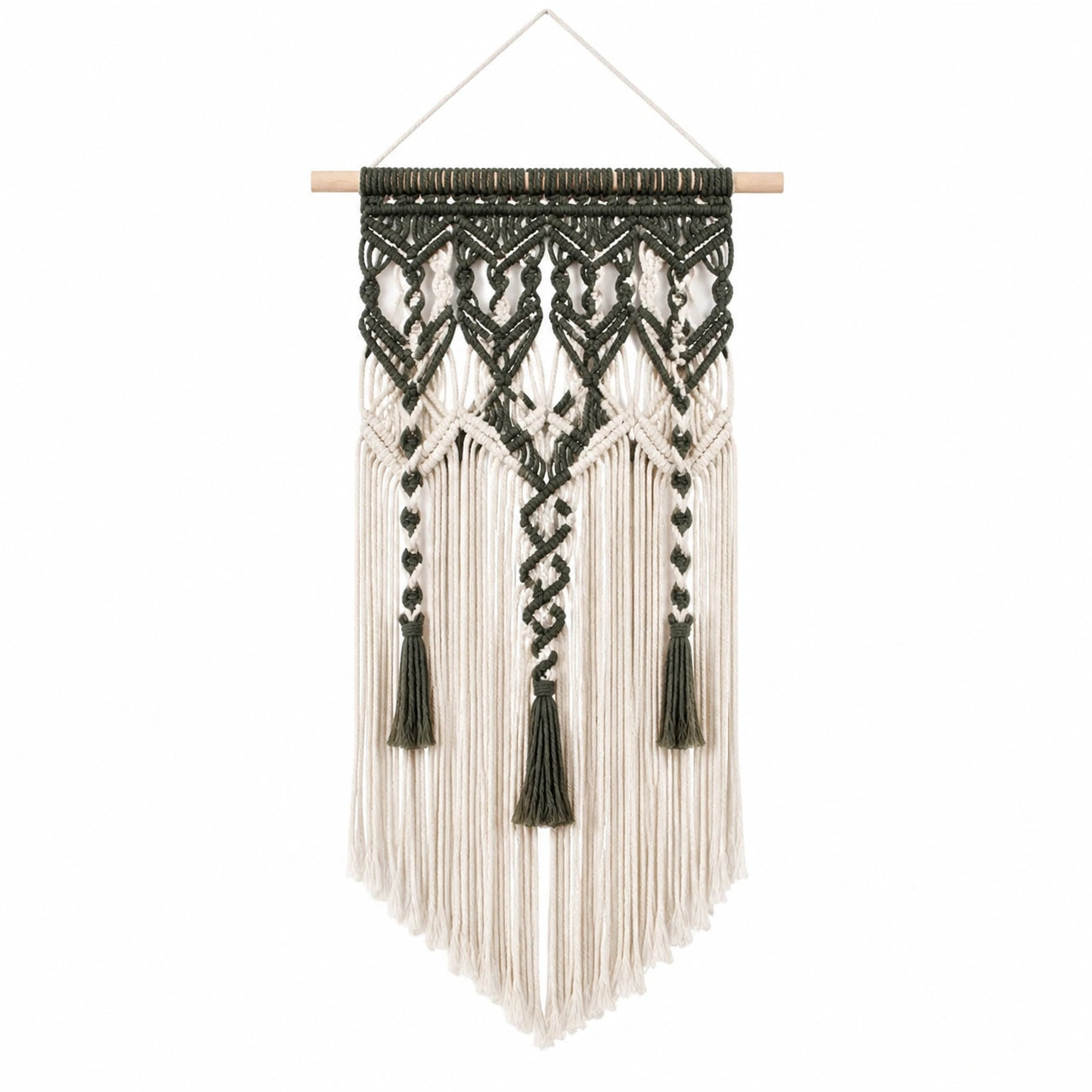 Tenture Murale Macramé Bohème 50x100 cm Crème et Vert Foncé