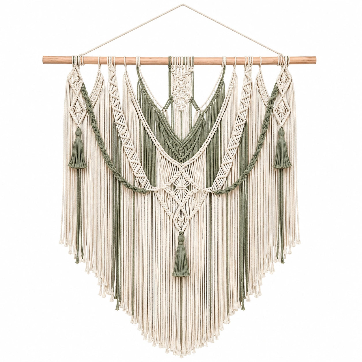 Décoration Murale en Macramé Bohème Vert Sauge et Beige