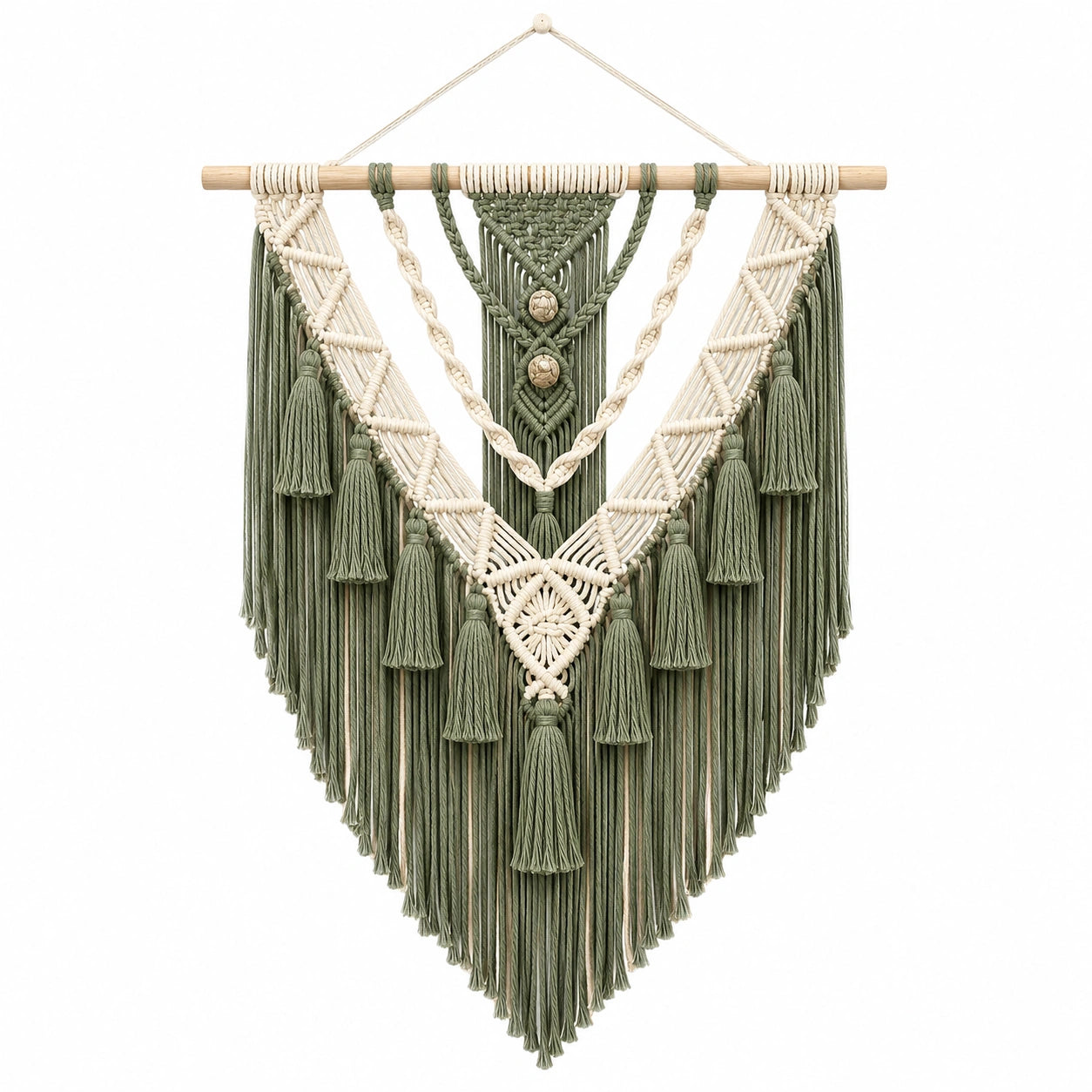 Tenture Murale en Macramé Bohème Vert et Beige