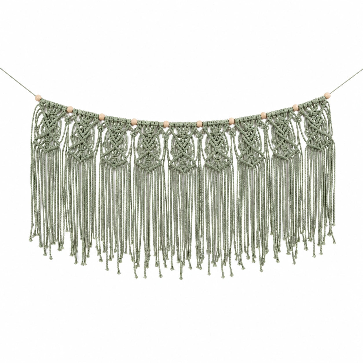 Guirlande murale en macramé vert avec perles en bois