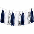 Guirlande à Pompons Bleu Blanc Argent Métallisé