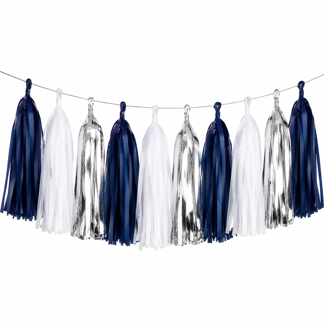 Guirlande à Pompons Bleu Blanc Argent Métallisé