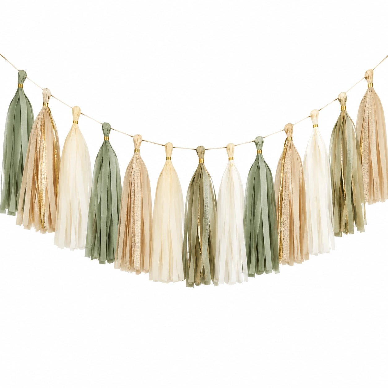 Guirlande de Pompons Vert Olive et Beige Doré